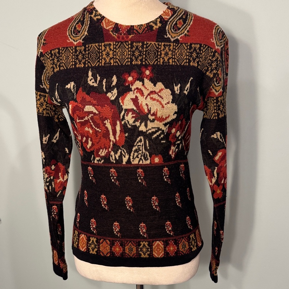 Vintage Express Elegant wool blend Floral rose Knit Top Size S/M
